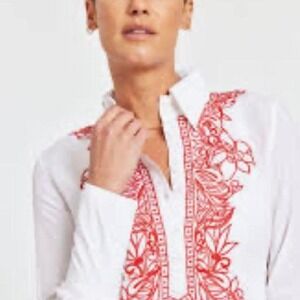 Dolce Cabo- NWt- white with red embroidered shirt, button up 100% viscose-